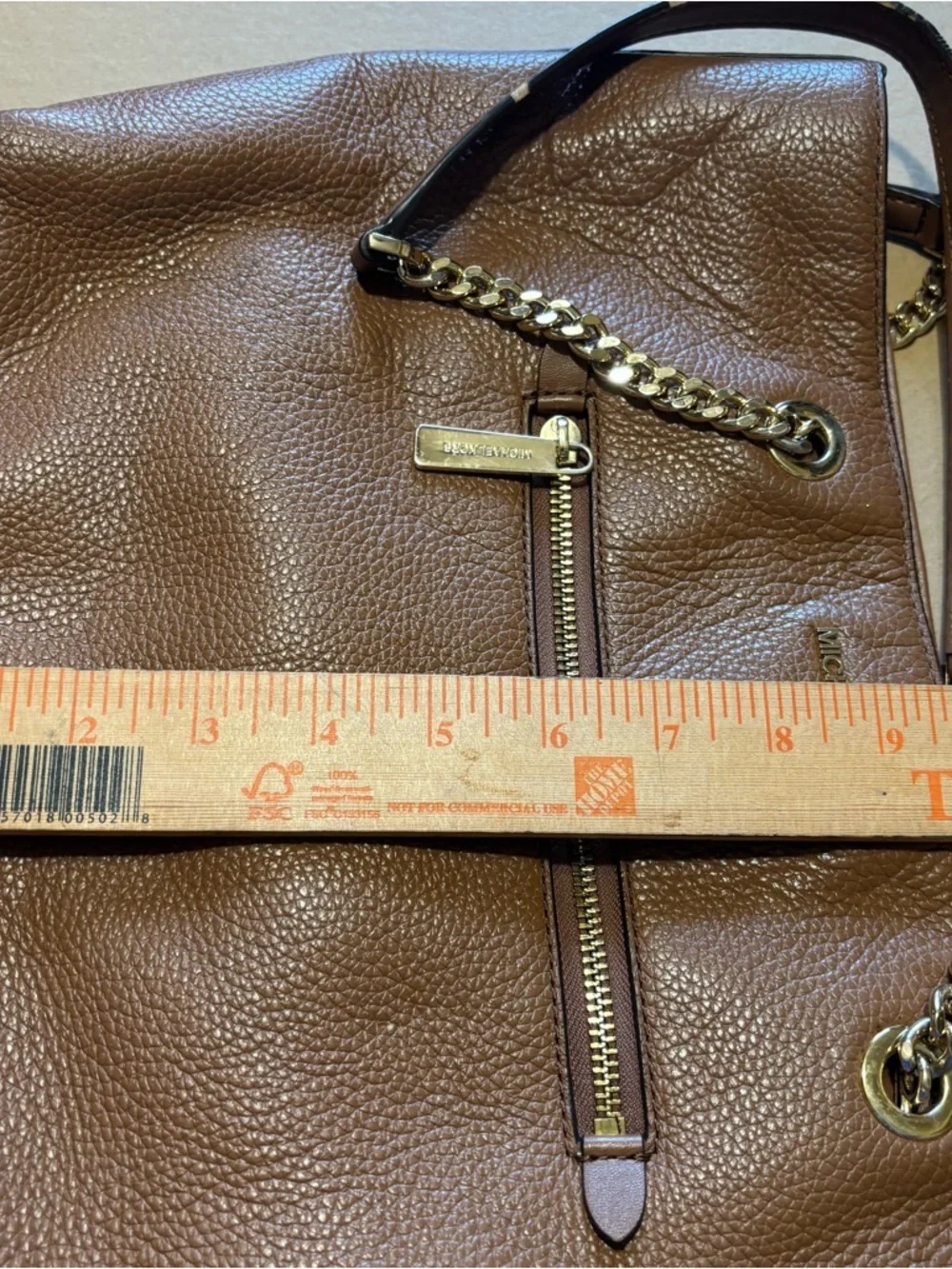 Michael Kors Cognac Pebbled Leather Tote with Gold Chain Straps zipper closure